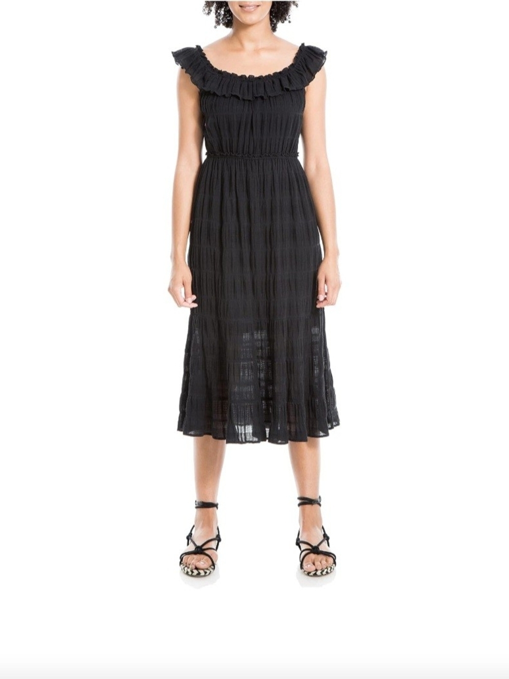 Black Cotton Ruffled Midi Dress